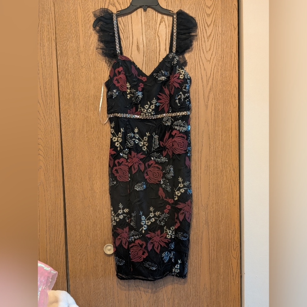 Lulu's Floral Embroidered Elegant Black Dress